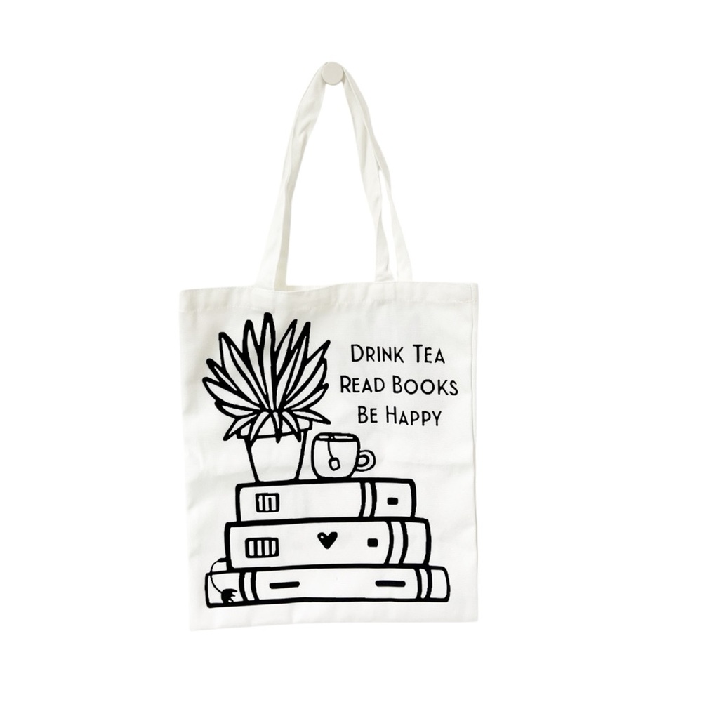 “Tea, Read Books, Be Happy” Canvas Tote Bag | Book Lover Gift
